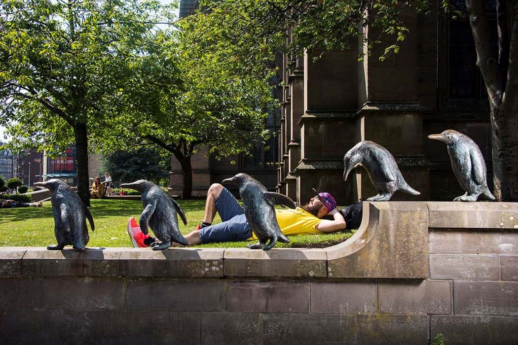 Student lying down behind penguin statues - Dundee